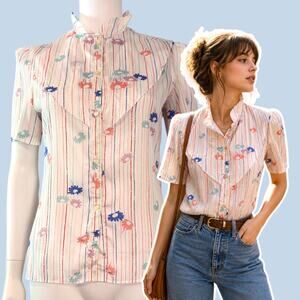 Philippe Marques Ditsy Floral Striped Blouse Size 10 Satin Western Prairie Boho